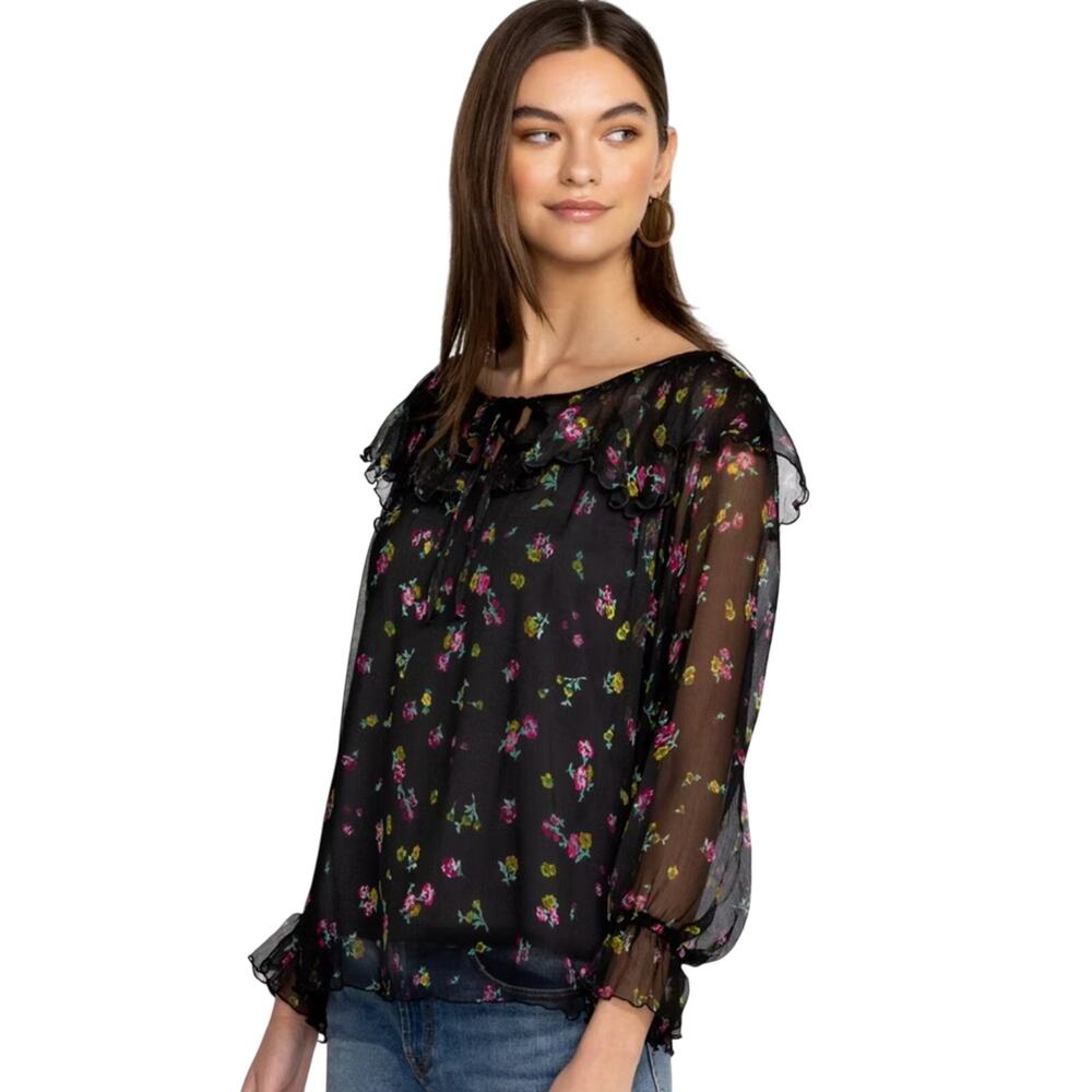 Johnny Was Jade Fernanda Silk Peasant Romantic Sheer Floral Ruffle Blouse Size L - Picture 7 of 14